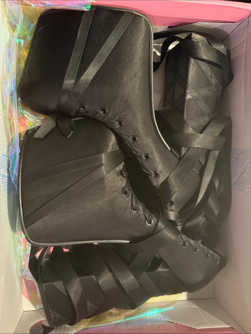 Dolls Kill Black Satin Ribbon Lace-Up Platform Boots